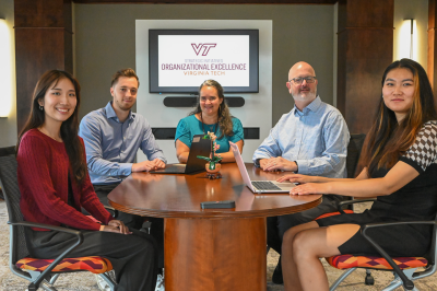 (from left) graduate student intern Yena Cho, Transformation Facilitator Lars Schmidt, Executive Director Amy Hogan, Transformation Leader Rob Knee, and graduate student intern Siyi Liu.