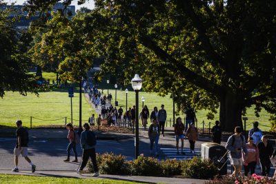 Students walking across Drillfield